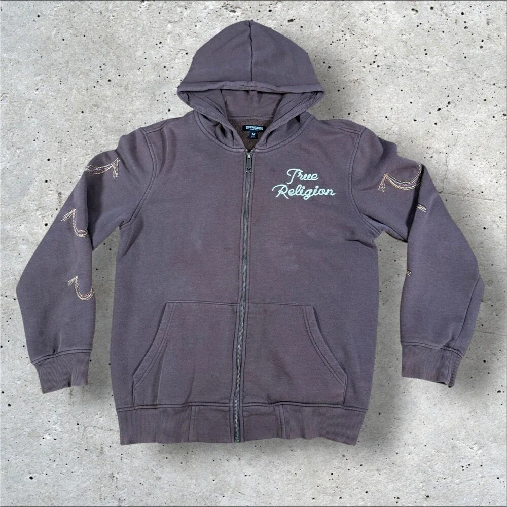 True Religion Men's Brown Zip Up Hoodie Multi Stitch Horseshoe Large Y2K